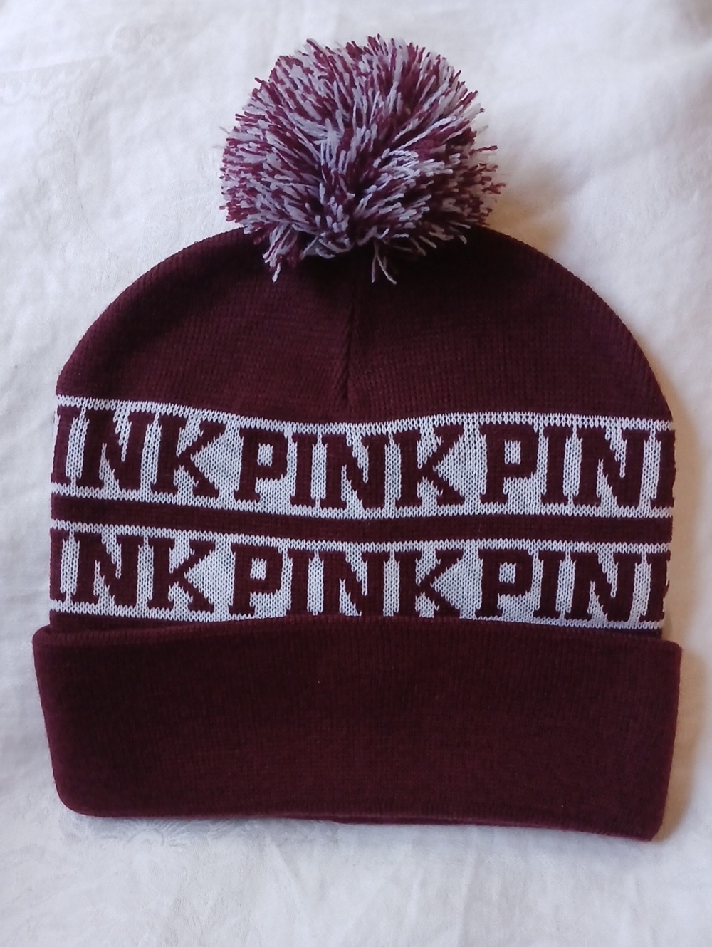 PINK Victoria's Secret Women's Burgandy Pom Beanie Logo